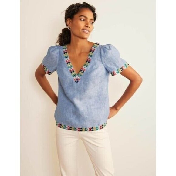 NWT Boden Heidi Chambray Embroidered Puff Shoulder Linen Top Womens Size US 10 - Picture 1 of 9